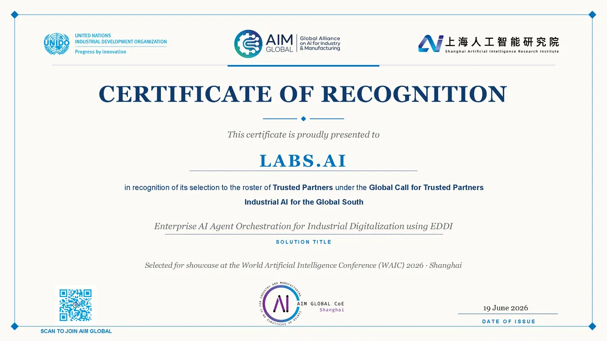 UNIDO Certificate of Recognition, LABS.AI selected as Trusted Partner for Industrial AI for the Global South
